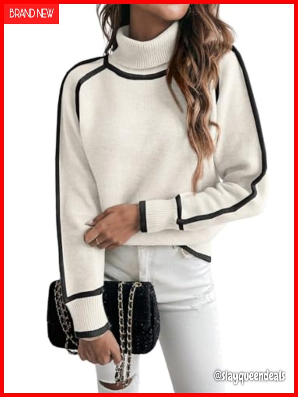 Color Block Turtleneck Sweater Cozy Knit Pullover Fall Winter